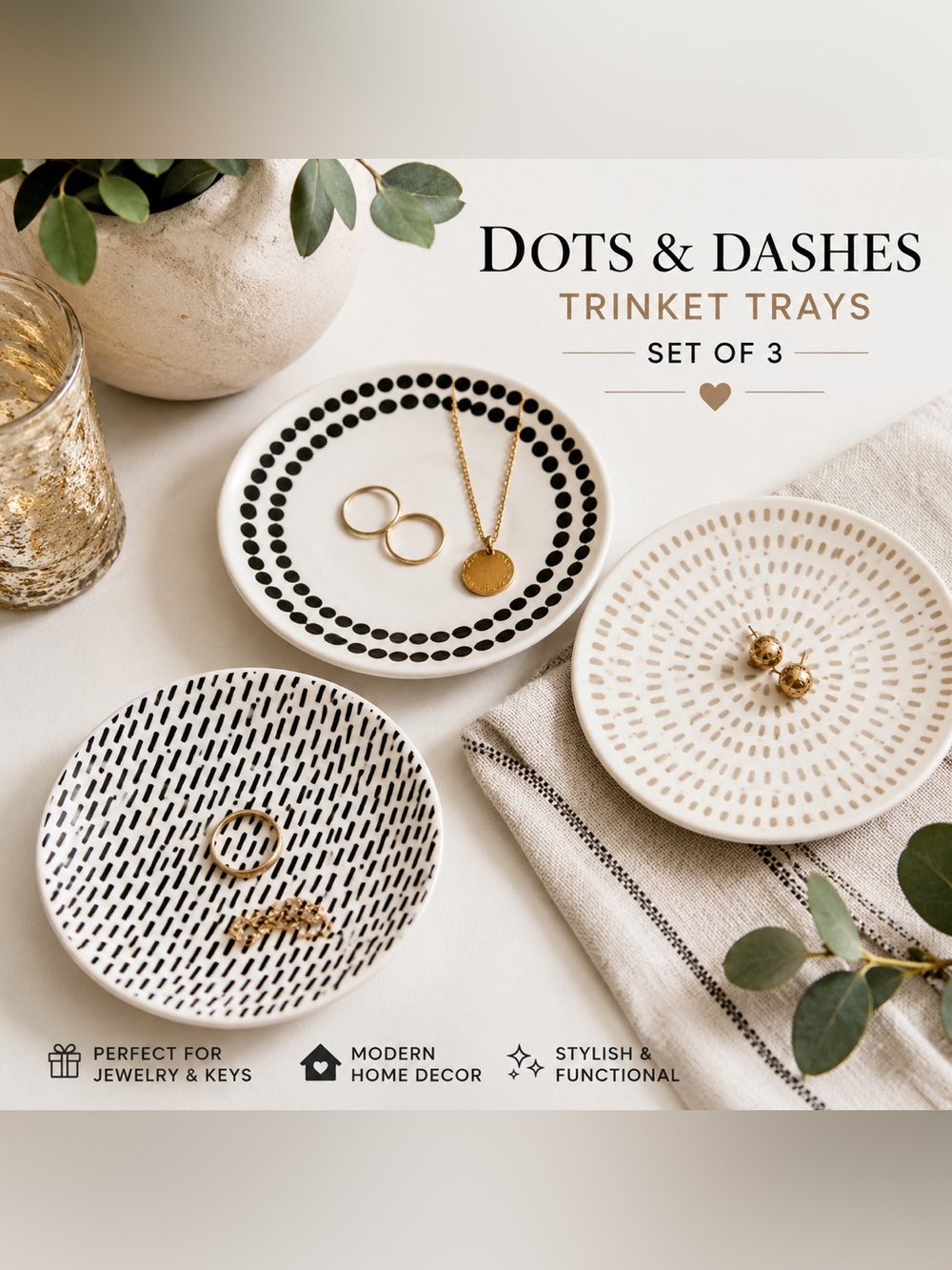 Envogue Dots & Dashes Trinket Tray Set of 3 Jewelry Catchall Plates
